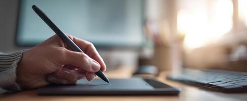 The hand using a digital pen on a tablet in a modern workspace. photo
