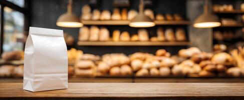 The white paper bag stands prominently in an artisan bakery setting. photo