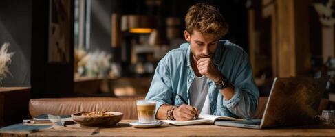 The focused young man writing in a cafe with coffee and a laptop. photo