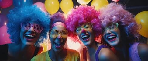 The joyful group of friends celebrating with colorful wigs and sunglasses. photo