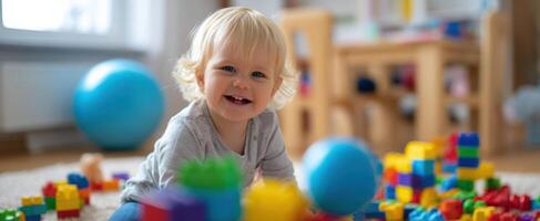 The smiling toddler enjoying playtime with colorful building blocks and toys. photo