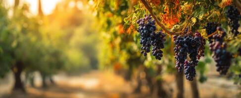 The vibrant clusters of grapes in a sunlit vineyard during harvest time. photo