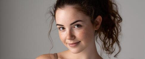 The young woman with freckles radiating confidence and joy in a casual portrait. photo
