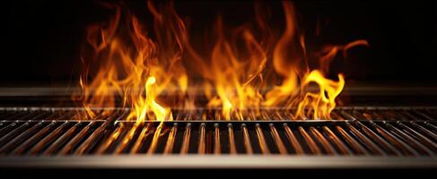 The vibrant flames dancing on a professional barbecue grill. photo