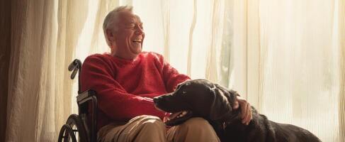 The elderly man enjoying a joyful moment with his beloved dog in sunlight. photo