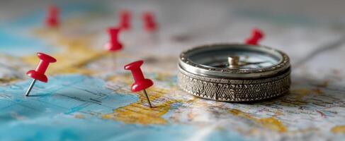 The compass and map symbolizing navigation and travel exploration. photo