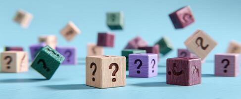 The Wooden Blocks Featuring Colorful Question Marks and Symbols in Motion photo