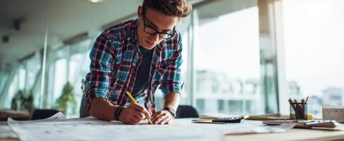 The young architect sketching innovative designs at a modern workspace. photo