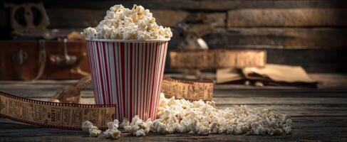The Classic Popcorn Bucket with Vintage Film Elements Against a Rustic Background photo