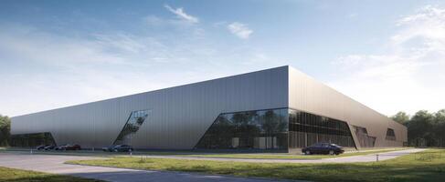 The modern industrial building with sleek design and expansive glass features photo