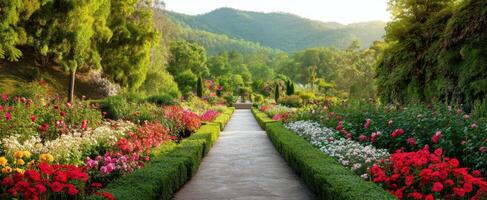 The Beautiful Pathway Through a Colorful Flower Garden in a Serene Landscape photo