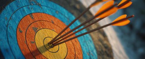 The target with arrows perfectly hitting the bullseye in vibrant colors. photo