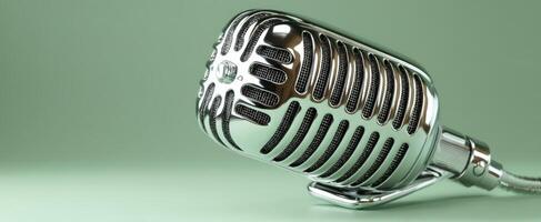 The vintage microphone shining elegantly on a soft green background. photo