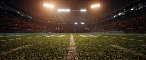 The vibrant football field illuminated by stadium lights and cheering fans at night. photo