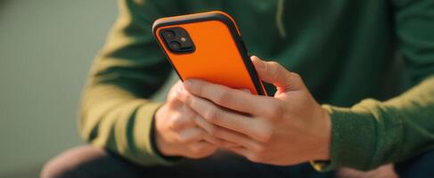 The vibrant smartphone in hands of a person engaged in casual use. photo