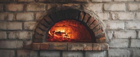 The cozy brick oven glowing with warm, inviting flames in a rustic kitchen. photo