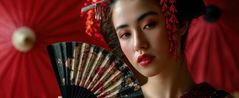 The elegant model holding a decorative fan in a vibrant traditional setting. photo