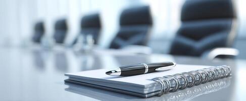 The sleek black pen and notebook on a polished conference table. photo