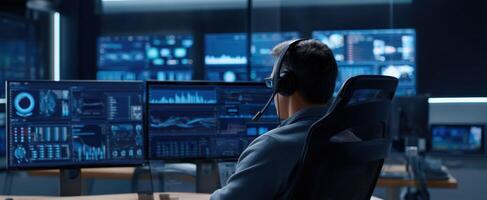 The professional operator engaged in data analysis in a modern control center. photo
