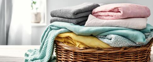 The cozy arrangement of colorful linens in a woven basket. photo