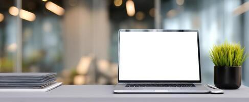 The modern laptop setup with a minimalist design for productivity. photo
