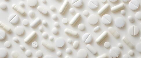 The collection of white pills and tablets arranged on a flat surface photo