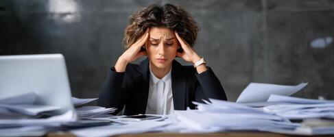 The frustrated woman surrounded by paperwork and stress in a modern office environment. photo