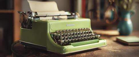 The vintage green typewriter on a rustic desktop waiting for inspiration. photo