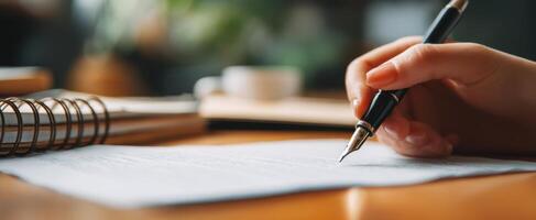 The hand writing elegantly on a clean sheet of paper at a cozy desk. photo