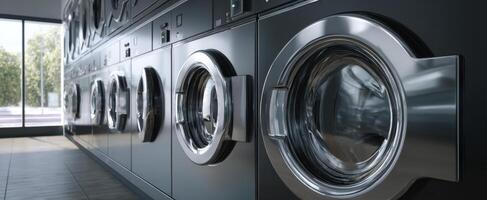 The modern washing machines in a stylish laundromat setting with natural light. photo