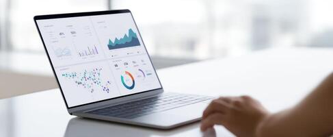 The laptop displaying detailed data analytics and interactive charts in a modern workspace. photo