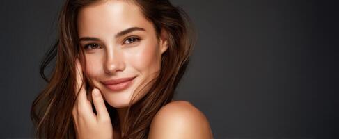 The beautiful woman with a radiant smile and glowing skin in a studio setting photo