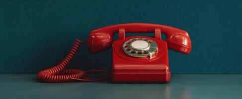 The classic red rotary telephone showcasing timeless vintage charm. photo