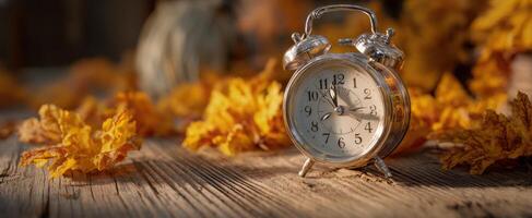 The vintage alarm clock surrounded by autumn leaves on wooden surface. photo