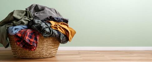 The overflowing laundry basket filled with colorful clothes ready for washing. photo