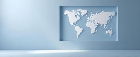 The modern world map displayed on a minimalist blue wall interior. photo