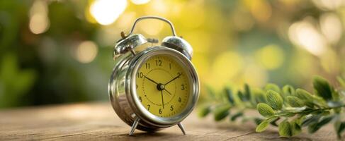 The vintage alarm clock with yellow face in a serene natural setting. photo