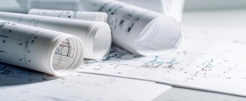 The blueprints and papers showcasing detailed architectural planning and design. photo