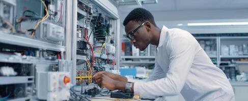 The engineer working diligently in an advanced electronics laboratory. photo