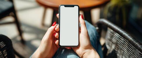 The smartphone held delicately in hands against a modern, relaxed setting. photo