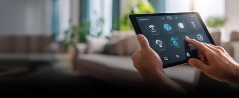 The tablet displays advanced smart home controls in a modern living room setting. photo
