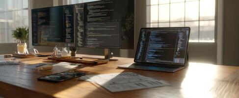 The modern workspace with dual monitors and laptop for coding and productivity. photo