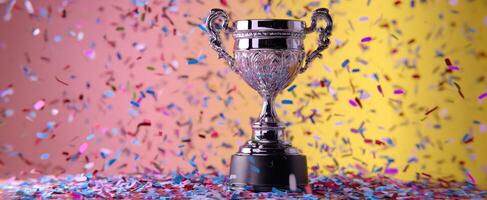 The shimmering trophy surrounded by vibrant confetti celebrating a momentous achievement. photo