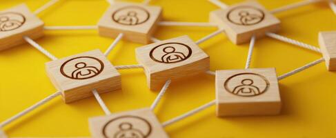 The interconnected wooden icons representing communication and networking in a vibrant design. photo