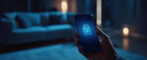 The smartphone displaying a secure lock on its illuminated screen in a cozy room. photo