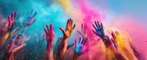 The Colorful Celebration of Hands in Vibrant Powder during a Joyful Festival photo