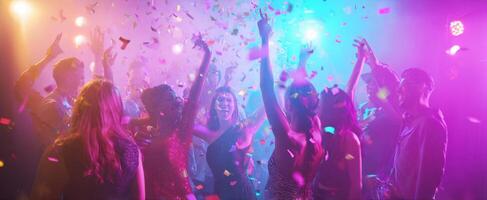 The lively atmosphere of a colorful party filled with dancing and joy. photo