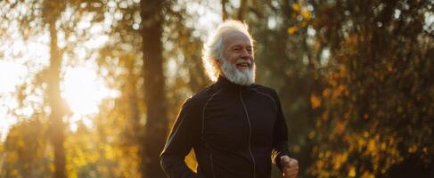 The elderly man enjoying a joyful run in a sunlit outdoor setting photo