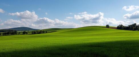 The Expansive Green Hills Under a Bright Blue Sky photo
