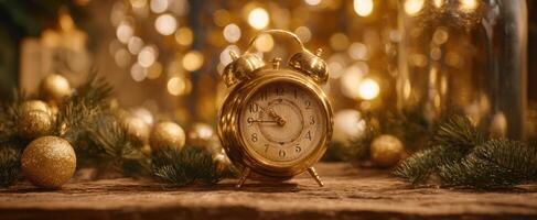 The golden alarm clock surrounded by festive decorations and warm lights. photo